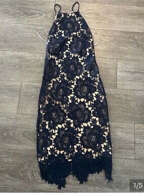 Macy’s Navy Floral Lace Overlay Halter Dress